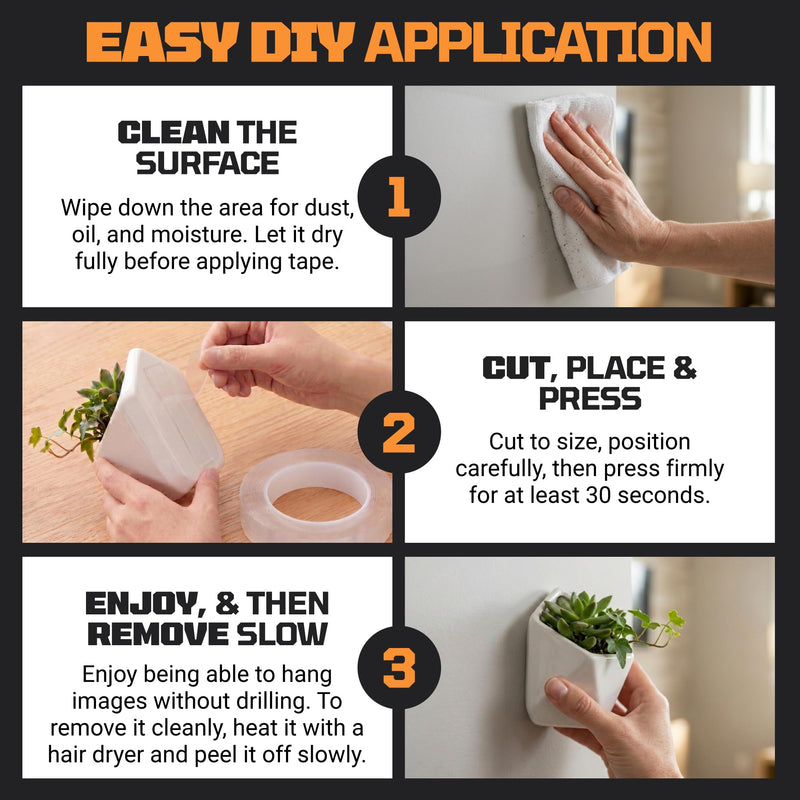 TOOLTROOPERS Wall-Safe Double-Sided Mounting Tape - Heavy-Duty 2-Sided Adhesive Tape - Damage-Free Removal, No Residue - Easy-Peel Liner for Home, Office, DIY, Posters & Signs – 16.4 ft Roll (Clear)