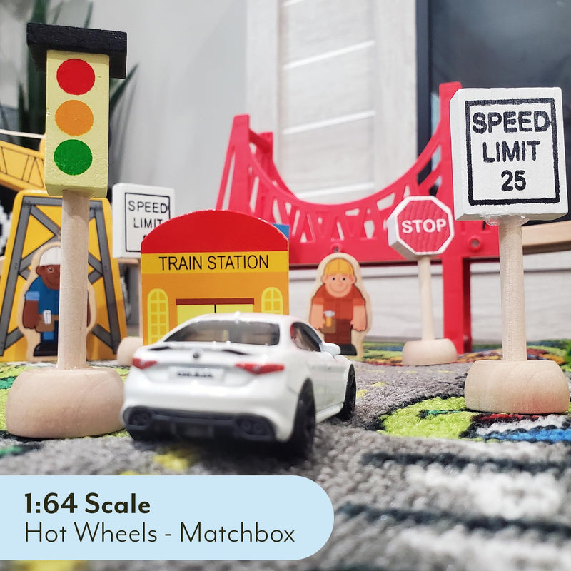 Attatoy Kids Wooden Street Signs Playset (14-Piece Set), Wood Traffic Signs Perfect for Car & Train Set 14 Piece Set