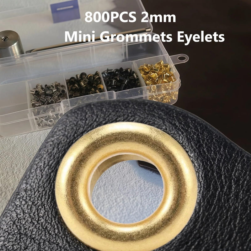 [Australia - AusPower] - Metal Grommet Kit, 800PCS 2mm Mini Grommets Copper Metal Grommet Kit, 4 Colors Eyelets and Leather Grommets Kit with 3pcs Install Tool and Storage Box for Shoes Clothes Bag DIY 