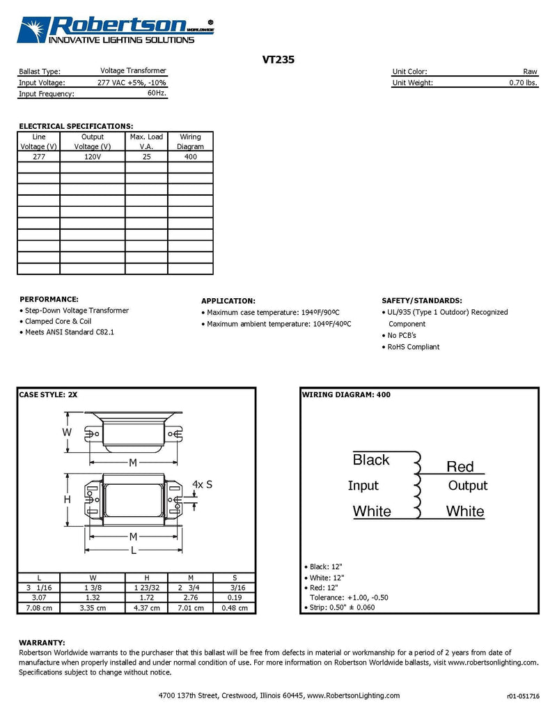 [Australia - AusPower] - Robertson 3P10133 Step Down Voltage Transformer, 277Vac, 60Hz Primary, 120Vac. Secondary, 25VA Max Load, Model VT235 AM (Replaces Robertson 3M10006, VT235 /A) 
