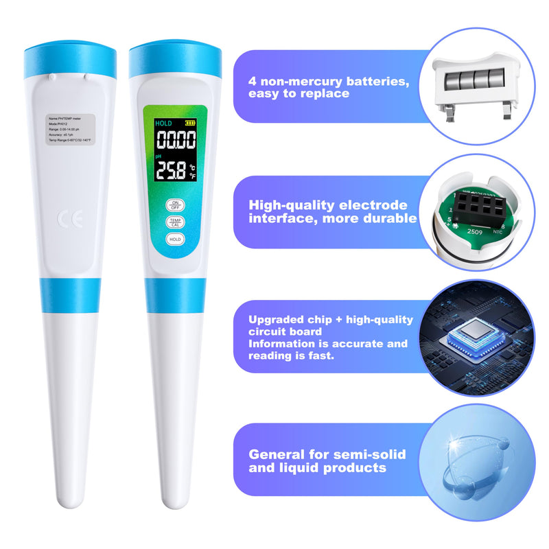 [Australia - AusPower] - Food pH Meter for Semi-Solid & Liquid Foods, Food-Contact-Safe Housing, ±0.01 Accuracy, ATC, Waterproof, Color LCD, 3 Calibration Solutions Included 