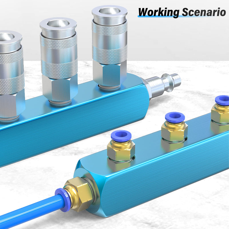 [Australia - AusPower] - TAILONZ PNEUMATIC 1/4" Blue 4 Way 7 Port Pneumatic Shunt Aluminum Block Pneumatic Manifold Air Distribution Block Air path exhaust air source distributor,Compressed Air Manifold Pneumatic Block 