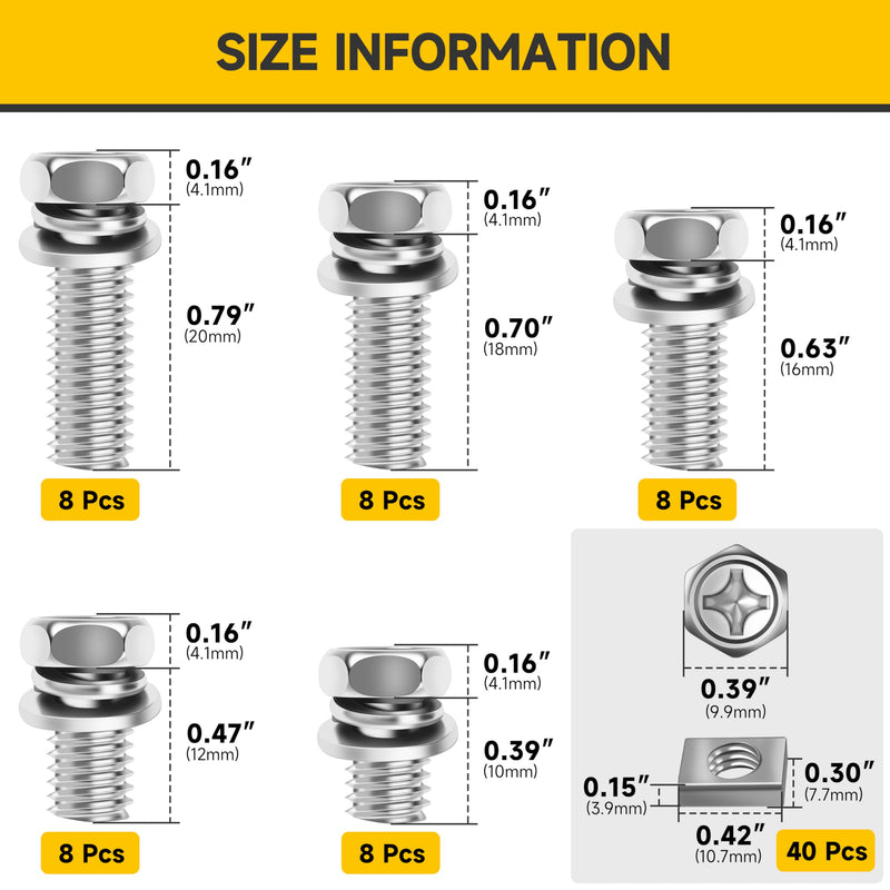 [Australia - AusPower] - Mywish 80Pcs Battery Terminal Bolts and Nuts Assortment Kit, M6 x 10/12/16/18/20mm ATV Motorcycle Battery Bolt with Square Nuts, 304 Stainless Steel Motorcycle Parts 80Pcs Kit 
