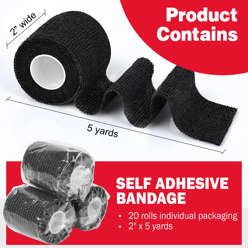 AZEN 20 Pack Self Adhesive Bandage Wrap Black, Black Athletic Tape, Vet Wrap, Tattoo Grip Tape Wrap, Ankle Tape, Cohesive Bandage Wrap F-20skin 2 Inch