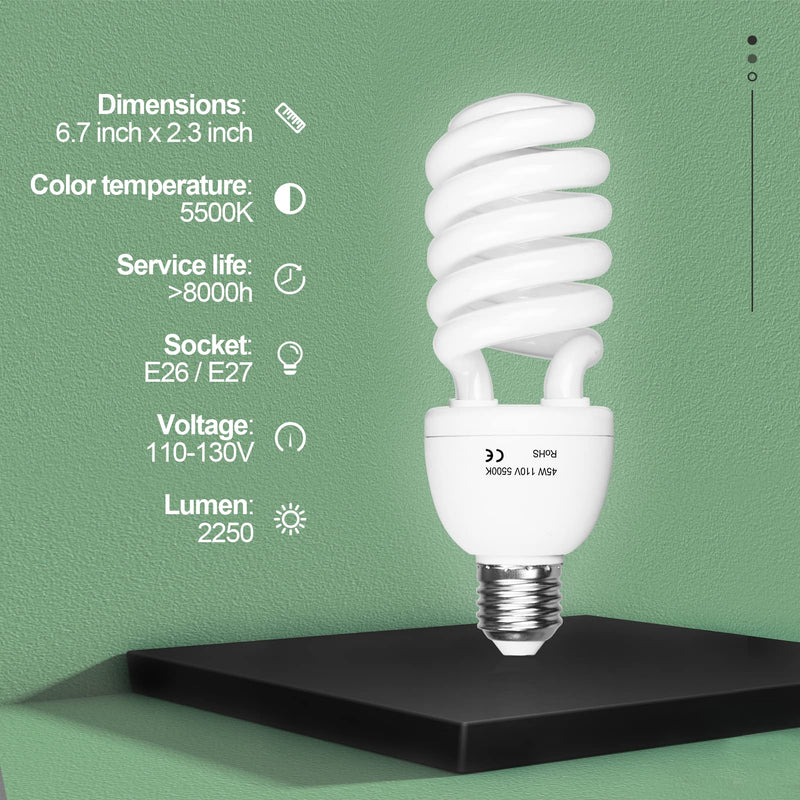 EMART Full Spectrum Light Bulb, 4 x 45W 5500K Spiral CFL Daylight for Photography Photo Video Studio, Softbox Lighting Kit, Household Use, Portrait Shooting White(4 Pack) 4 Count(Pack of 1)