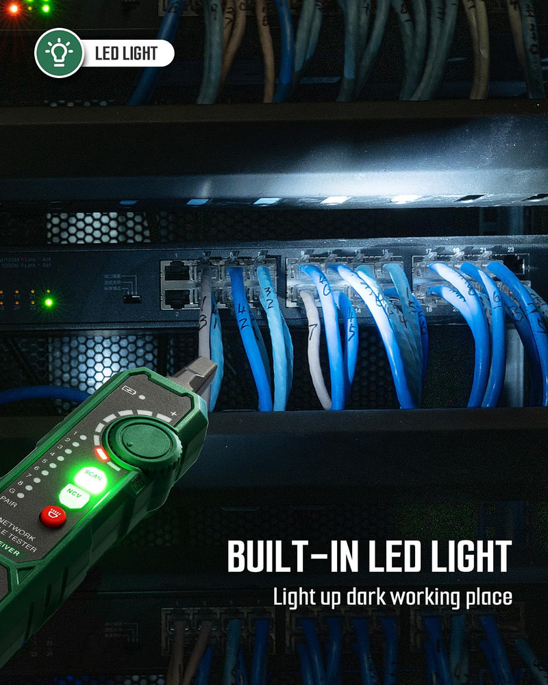 [Australia - AusPower] - TESMEN TLP-900AR Network Cable Tester, RJ11 RJ45, for CAT5/6/POE/STP, Multi-function Cable Tracer with Pairing, Continuity, QC&NCV, Suitable for Ethernet, Telephone, Wire maintenance and sorting-Green Green 
