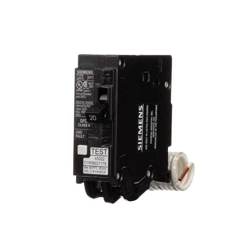 SIEMENS QF120A Gfci Circuit Breaker, Plug In, Self Testing, 20 Amp, 1-Pole, 120 Volt Circuit Interrupter