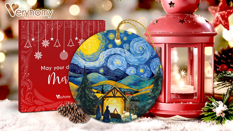 Nativity Scene Christmas Ornament 2026 - Starry Night with Holy Family Religious Art Keepsake, Double-Sided Ceramic Christmas Tree Decorations - Holiday Christian Gifts for Men, Women, Art Lovers