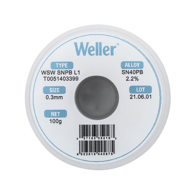Weller WSW SnPb (T0051403399) Solder Wire, Dia: 0.3 mm / 0.012 in, Wt: 100 g / 3.527 oz, Alloy Sn60Pb40, Flux content 2.2% 0.3mm .3 mm