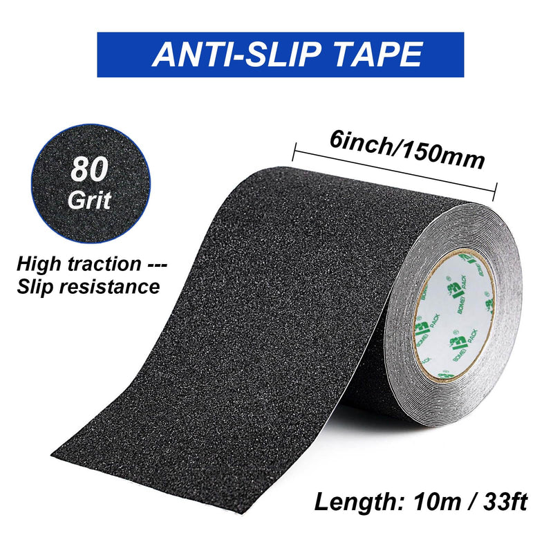 BOMEI PACK Black Anti Slip Tape, 6 Inch x 33 Foot Non-Slip Traction Grip Tape for Stairs, Waterproof Stair Treads Grip Non Slip, Non Skid Tape for Steps, Outdoor Black Grip Tape 150mm