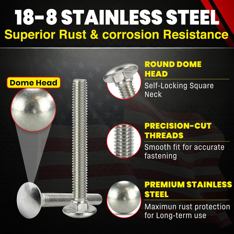 Chenango Supply 1/4-20 x 2-1/2 Stainless Steel Carriage Bolts – 304 Stainless, USS Coarse Thread, 100,000–125,000 PSI Tensile Strength, Corrosion-Resistant Hardware Bolts, (50 Pieces, 1/4-20 x 2.5) 1/4-20x2-1/2