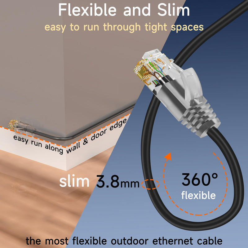 Cat6a Slim Ethernet Patch Cable 200ft Outdoor & Indoor, Flexible 10G Cat6 Internet Network Cable Waterproof LLDPE UV Jacket, Pure Copper Cat 6 Ethernet Cable for POE, Black