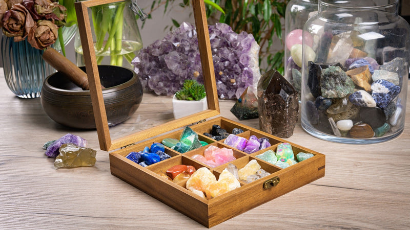 Rock Display Case - 8" x 8" Rock Collection Box for Kids & Adults - Crystal Holder for Stones Display Shelf with 9 Compartments & Acrylic Lid - Gemstone & Crystal Storage Box Organizer