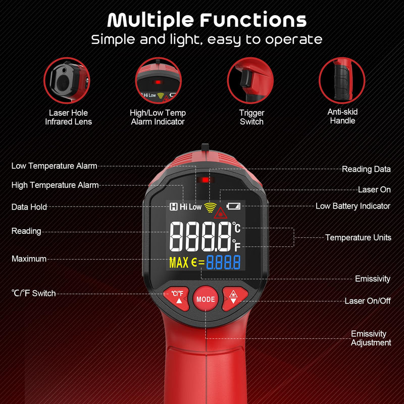 Infrared Thermometer, SQECH Temperature Meter -50℃~600℃(-58℉~1112℉) | With adjustable emissivity and colored backlight, for cooking, pizza oven, refrigerator, industrial (red) Red (-50°C ~ 600°C)