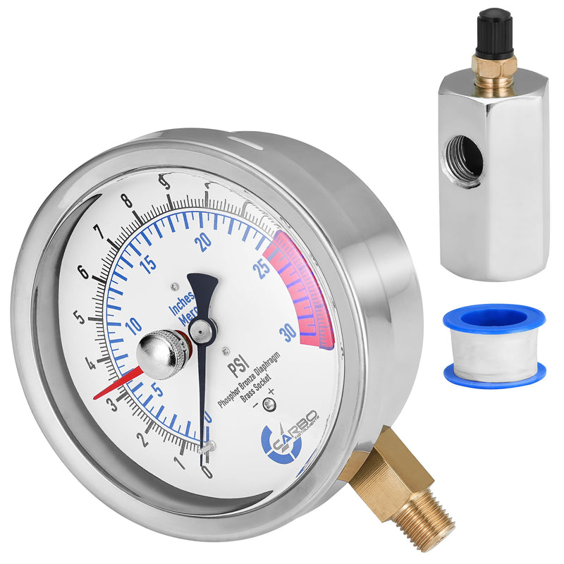 [Australia - AusPower] - 4" Gas Test Pressure Gauge 15 Pound, 15 PSI / 30 InHg, 3/4” FNPT Con, Stainless Steel Case, Accuracy 1%, Red Pointer Pressure Memory, Chrome Plated Steel Body Assembly 