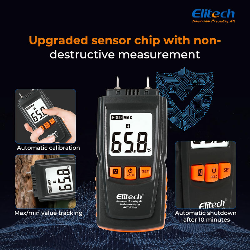 [Australia - AusPower] - Elitech Digital Moisture Meter Water Leak Detector with Pin Probes, Moisture Tester for Wood Floors Walls with 4 Wood & Material Modes, Hold Function, Max/Min Reading MOT-270W 