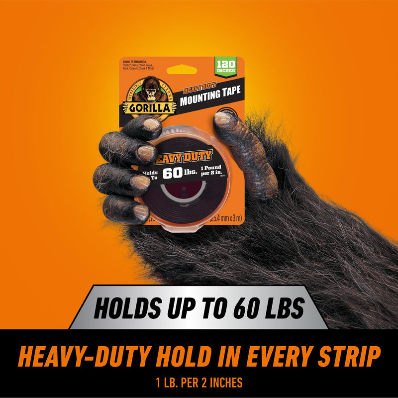 Gorilla Heavy Duty Double Sided Mounting Tape, Black Tape, 1" x 120" (Pack of 4) - Weatherproof for Indoor or Outdoor 1" x 120" (4-Pack) 4 Pack