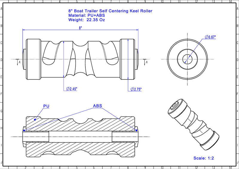 Self Centering Keel Boat Trailer Roller(Blue) 8"