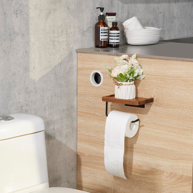Yangbaga Toilet Paper Holder with Shelf: Wall Mount Bathroom Tissue Roll Storage with Adhesive& Screw, Matte Black Aluminum Alloy Bathroom Accessories Wood Shelf for Phone Wipes 7.5in*4.3in*3.46in