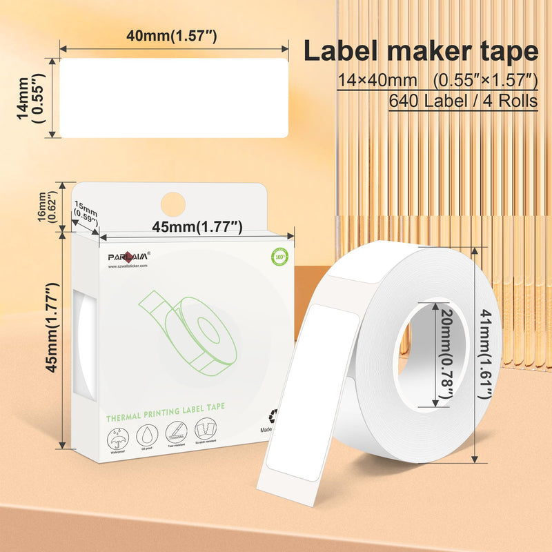 PARLAIM 14 X 40mm (0.55"x1.57") Tear-Resistant Thermal Label, 4 Rolls 640pcs OEM Label Tape Replacement Compatible with D30 Label Maker Perfect for Home/Office/School, White 4 Rolls-640PCS