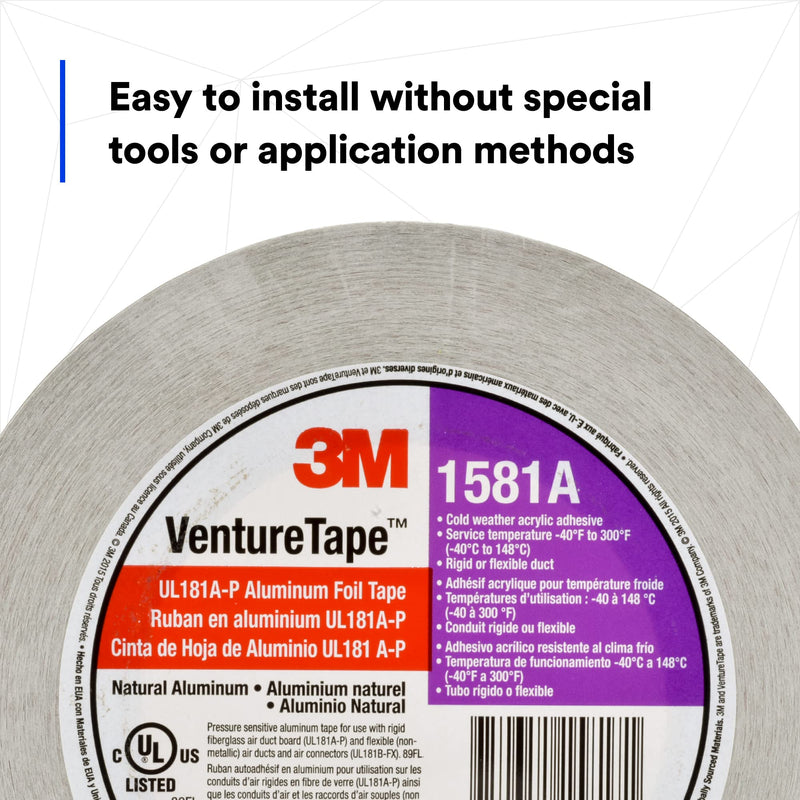3M Venture Tape UL181A-P Aluminum Foil Tape 1581A, Rigid and Flexible Duct Seaming, Durable, Cold Weather Adhesion, 2.5 in x 60 yd, 2 mil (Pack of 1)