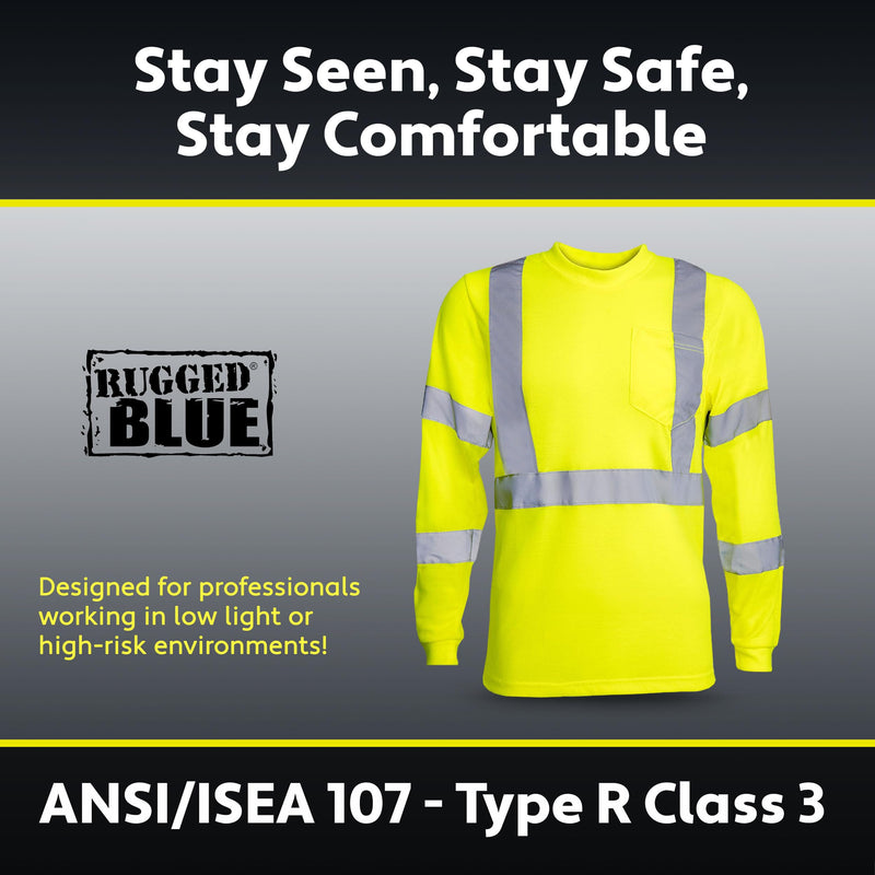 RUGGED BLUE Moisture Wicking High Vis Long Sleeve Shirt, ANSI Class 3 Rated High Visibility Work Shirt with Reflective Tape, 3X-Large