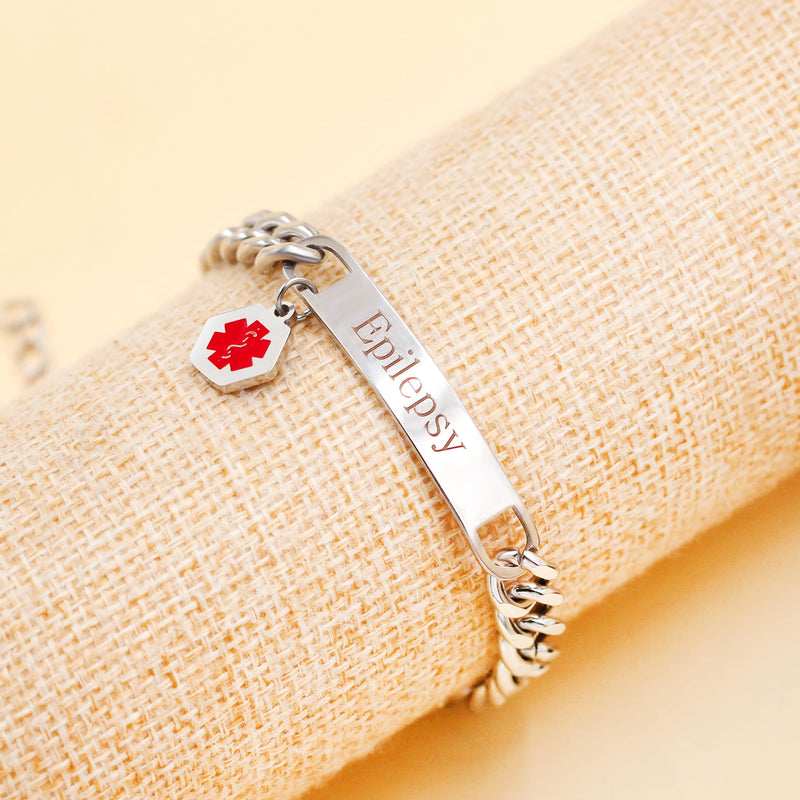 Uloveido Red Medical ID Bracelet | White/Black Cuban Chain Bracelets | Custom Medical Alarm Jewelry for Men Women | Waterproof Stainless Steel Bracelet YA5169 White Epilepsy
