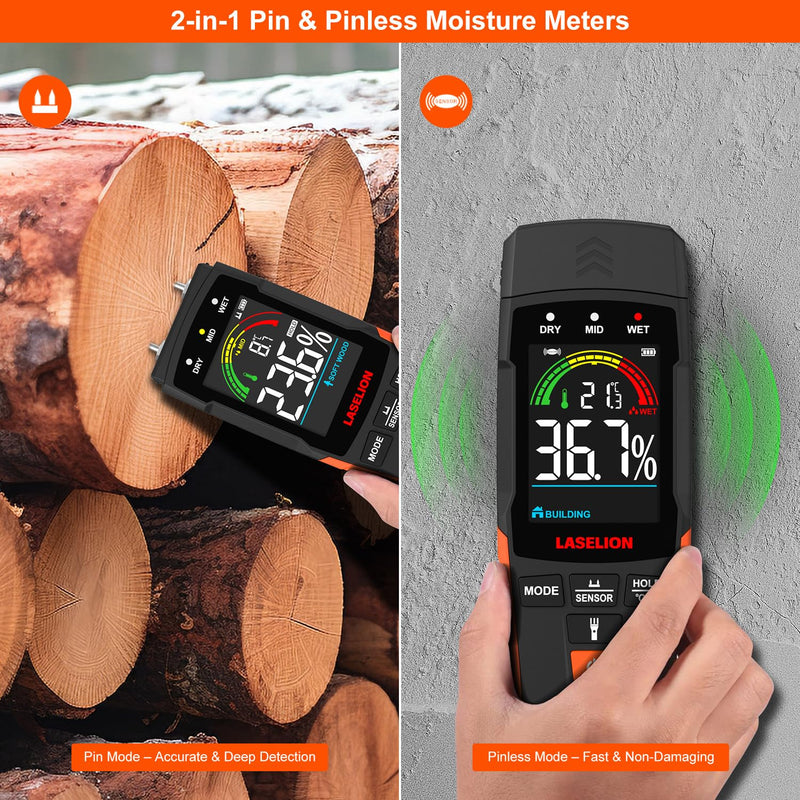 [Australia - AusPower] - 2-in-1 Pin & Pinless Moisture Meter MS03 – Accurate Moisture Detection for Wood, Concrete, Drywall, and More – LCD Display with Hold Function, Flashlight, and Auto Power Off 