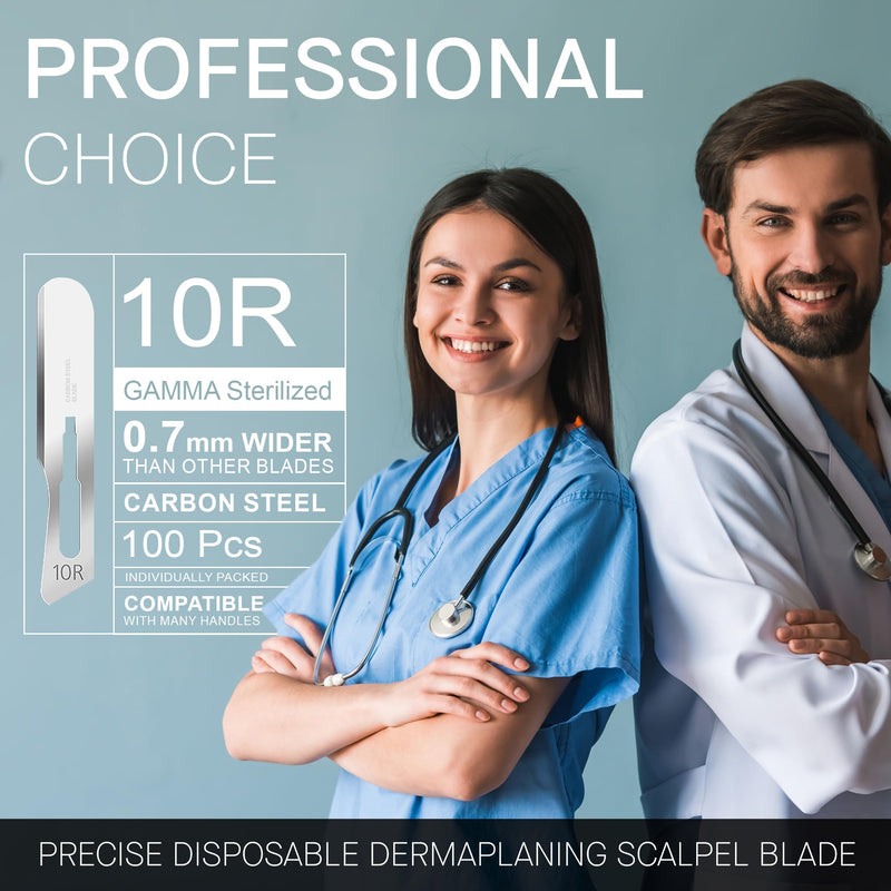 [Australia - AusPower] - 10r Blades Dermaplaning 0.7mm Extra Wide Pack of 100 Surgical Blades 10r, Size 10r Scalpel Blades, High Carbon Steel Dermablade Dermaplane Blades 10r Individually Wrapped Disposable 10r Blade Sterile 