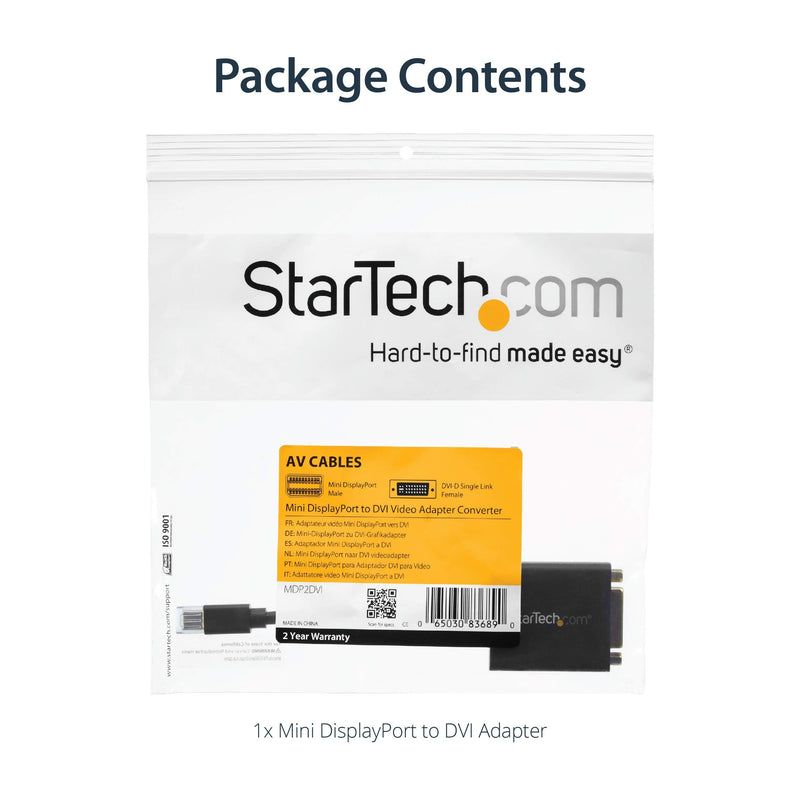 [Australia - AusPower] - StarTech.com Mini DisplayPort to DVI Adapter - Mini DP to DVI-D Converter - 1080p Video - VESA Certified - mDP or Thunderbolt 1/2 Mac/PC to DVI Monitor - mDP 1.2 to DVI Single-Link Dongle (MDP2DVI) Black 