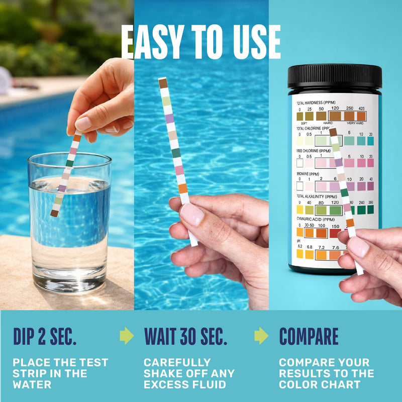 JNW 7-in-1 Pool Test Strips, 150 Quick & Accurate Test Strips for Pool Water, Spa Test Strips for Hot Tub, Chlorine Test Strips, Bromine, pH, Alkalinity, Hardness & More - Swimming Pool Test Kit 150 STRIPS - 7 IN 1 POOL TEST STRIPS