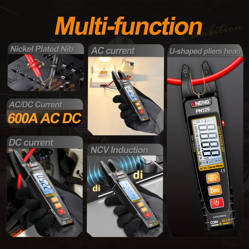 [Australia - AusPower] - ANENG Clamp Meter Multimeter Tester TRMS 4000 Counts with U-Shaped Jaw with NCV Amp Ohm Volt Measures AC/DC Current, Voltage,Capacitance,Resistance,Continuity,Frequency Backlight Electrican Tools PN129(Normal Version with Test Kit) 