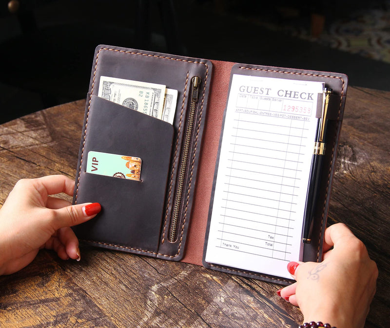 [Australia - AusPower] - Server Book Organizer with Zipper Pocket, Genuine Leather Restaurant Guest Check Presenters Card Holder for Waitress, Waiter Accessories Fit Server Apron - Coffee 