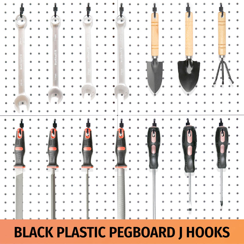 [Australia - AusPower] - HUHOLE Pegboard Plastic Hooks 100pc - Black Peg Board Hooks for Hanging Jewelry, Tools, Hardware, Peg J Hook Only Fits 1/4" Pegboard - Durable Pegboard Hooks for Organized Display Black 100PC 