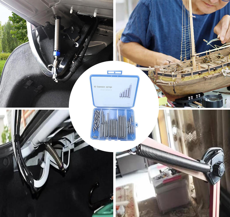 [Australia - AusPower] - 60pcs Extension Spring Assortment Kit, 0.035" Wire Diameter, 1/4" Outside Diameter, 13/32" to 2-1/4" Length, Stainless Steel Mechanical Small Extension Springs with Hook Ends 