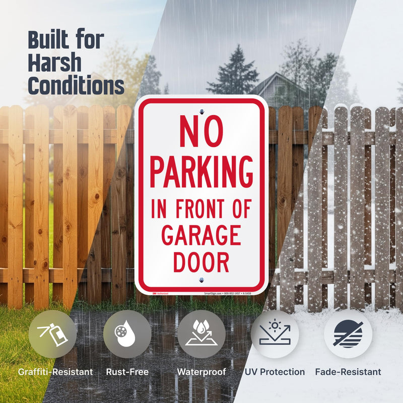 SmartSign No Parking In Front Of Garage Door Sign - 2 Pack, 18 x 12 inch, 2mm Aluminum Composite, Pre-Drilled Holes, Red and White, Made in USA