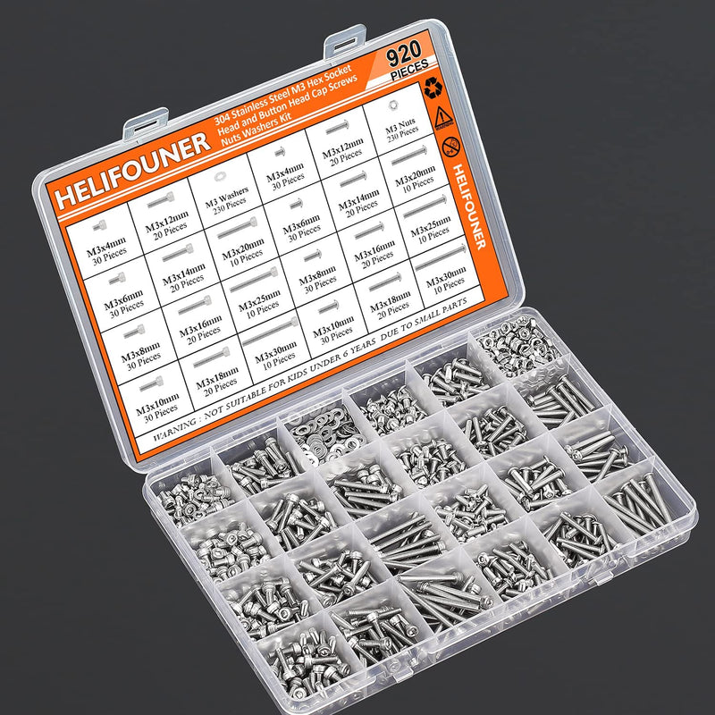 [Australia - AusPower] - 920 Pieces 304 Stainless Steel M3 x 4mm /6mm /8mm /10mm /12mm /14mm /16mm /18mm /20mm /25mm / 30mm, Hex Socket Head and Button Head Metric Screws and Nuts Assortment Kit M3 Screws Set 