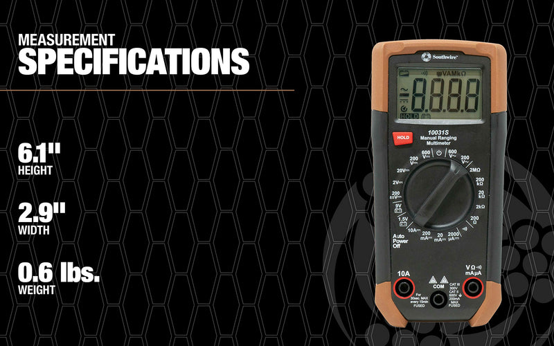[Australia - AusPower] - Southwire 10031S Manual Multimeter, 0-600VAC, +/(1.2 percent +10) Accuracy, ABS, black Brown 