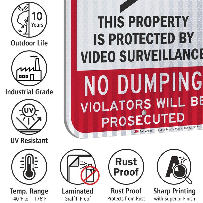 SmartSign-K-7484-HI Warning - Property Protected By Video Surveillance, No Dumping Sign By | 12" x 18" 3M High Intensity Grade Reflective Aluminum , Black/Red on White 3M Reflective Aluminum 10 Year Durability 18" x 12"