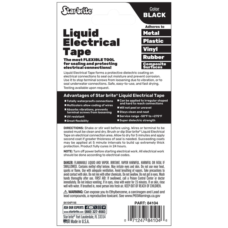 STAR BRITE Liquid Electrical Tape - Superior Adhesion and Flexible Protection for Frayed Cables, Terminals, and Electric Splices Black 4 OZ Can