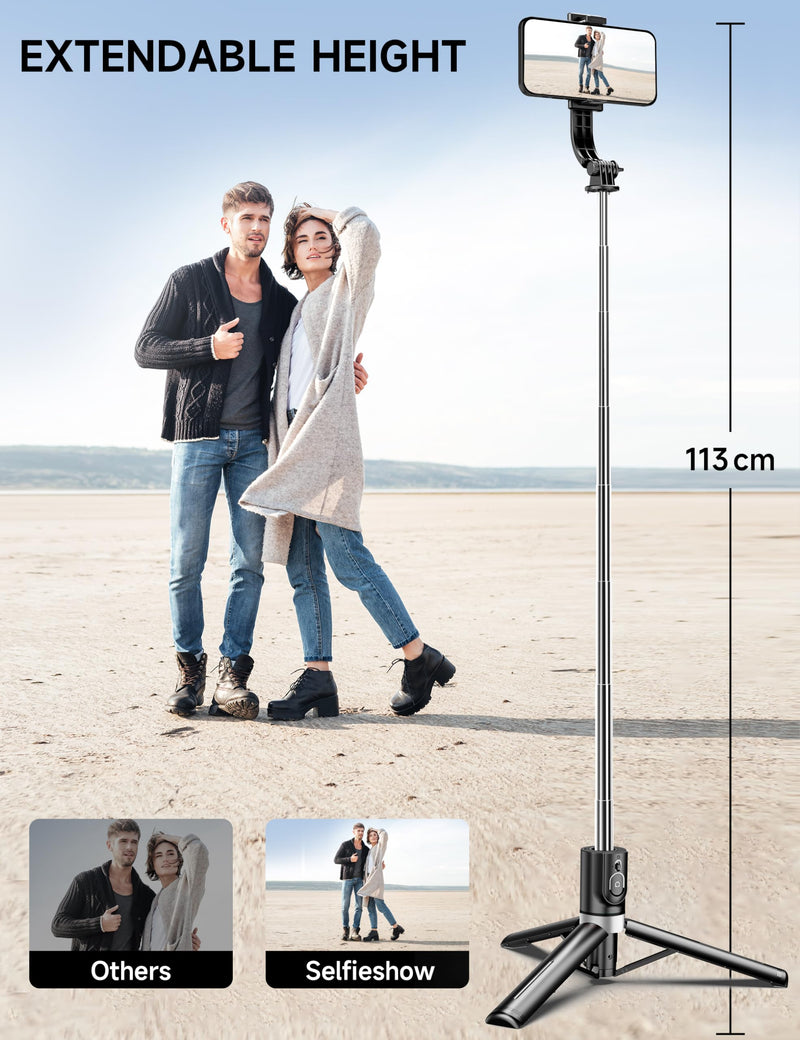 [Australia - AusPower] - 45" Selfie Stick Tripod with 2 Lights, Extendable 5 in 1 Selfie Stick Phone Tripod, Portable Selfie Sticks with Wireless Remote Compatible with iPhone 15/14/13 Pro Max, Samsung, Android, Gopro Black(with 2 Light) 