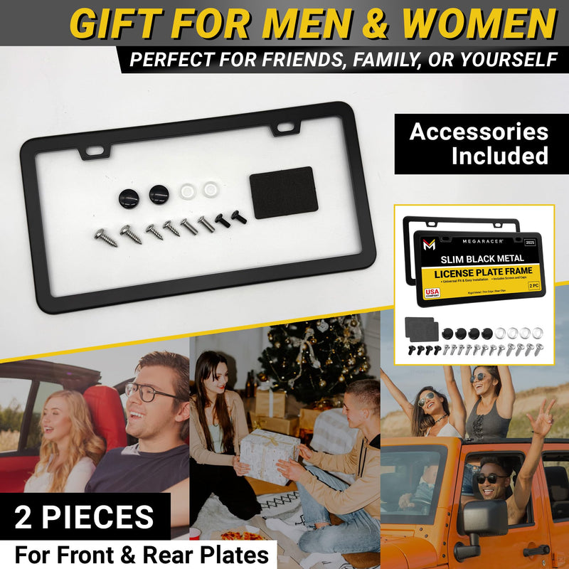 Premium Slim Matte Black License Plate Frames – 2 Pack, Rust-Free Stainless Steel & Rattle-Free, Street Legal, Universal with Screw Caps, Thin Metal Front & Rear Car Tag Holders for Men & Women 2 Piece