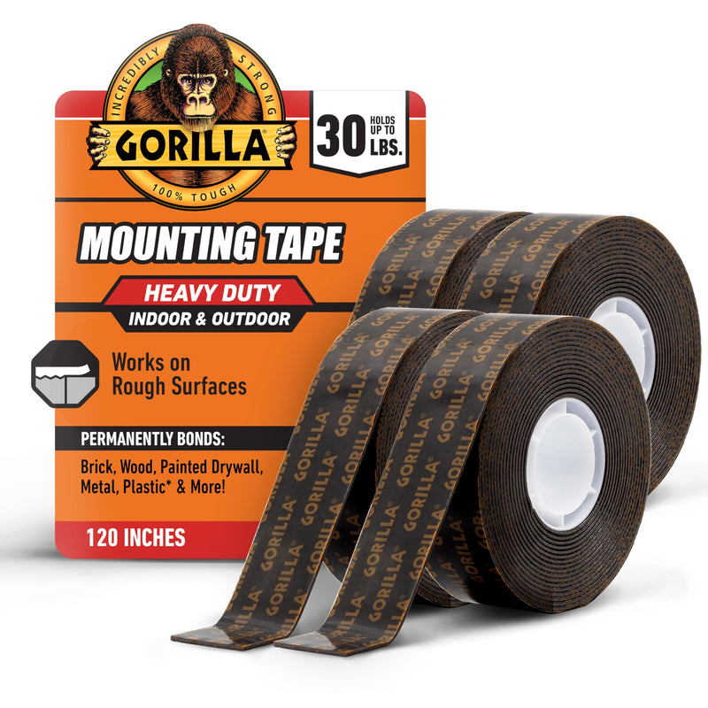 Gorilla Heavy Duty Double Sided Mounting Tape, Black Tape, 1" x 120" (Pack of 4) - Weatherproof for Indoor or Outdoor 1" x 120" (4-Pack) 4 Pack