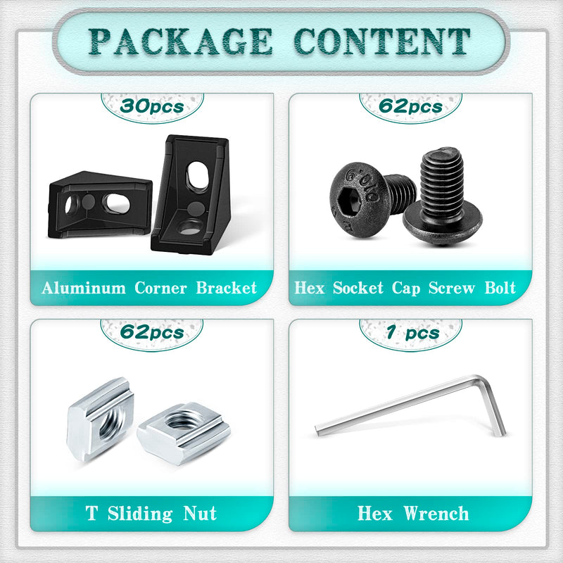 [Australia - AusPower] - 30 Set Black 2020 Series Aluminum Extrusion Profile Connector, includes 1pc Wrench, 30pcs 2028 Corner Bracket, 60pcs T-Slot Sliding Nuts and Hex Screw Bolt for Slot 6mm 20S Aluminum Rail Accessories 30 Set Black 2020 Series with M5 screw nut 
