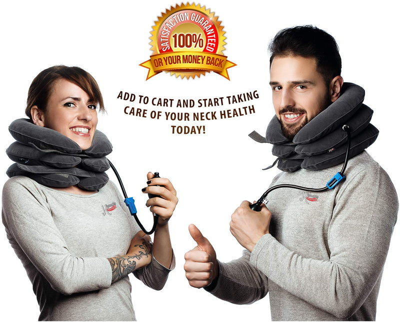 [Australia - AusPower] - Pinched Nerve Neck Stretcher Cervical Traction Device for Home Pain Treatment | Inflatable Spinal Decompression Collar Unit Muscle Strain Injury Relief | Herniated Disc Problems Remedy Kit (Gray) Gray 