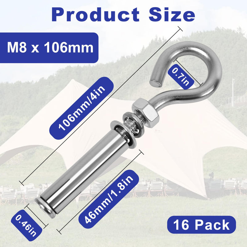 16 Pack 5/16" X 4-3/16" Expansion Eye Bolt,Concrete Eyebolt Anchors,Heavy Duty 304 Stainless Steel Eyebolt Anchors for Concrete Wall (16, M8x106mm（5/16" X 4-3/16"）) M8x106mm（5/16" X 4-3/16"） 16