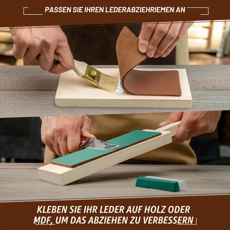 BeaverCraft Leather Strop Set for Knife Sharpening Knife Strop Block 20 x 7.5 cm Leather Strop Set with Green/Grey and White Polishing Paste Knife Sharpener and Polishing Pastes