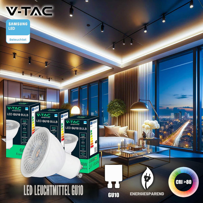 V-TAC 3 x LED Light Bulbs GU10-6 W (Equivalent to 60 W) - 445 Lumens - Chip Samsung - Maximum Efficiency and Energy Saving - GU10 Spot LED Bulbs - Light 6500 K Cool White - Pack of 3 Cold White