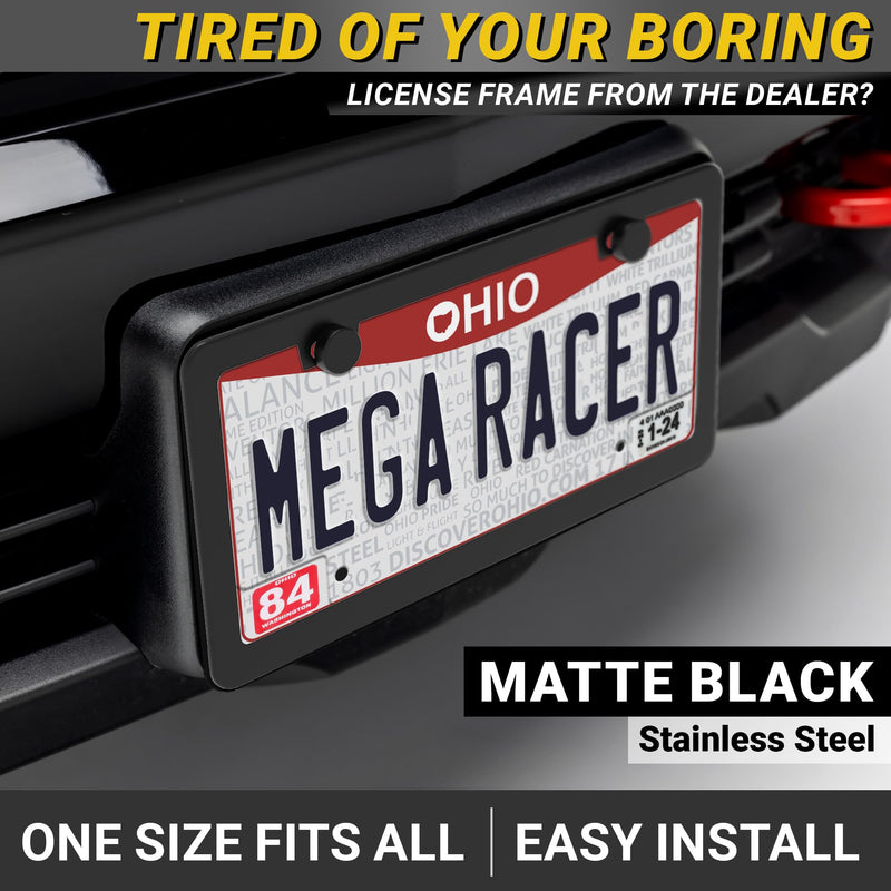 Premium Slim Matte Black License Plate Frames – 2 Pack, Rust-Free Stainless Steel & Rattle-Free, Street Legal, Universal with Screw Caps, Thin Metal Front & Rear Car Tag Holders for Men & Women 2 Piece