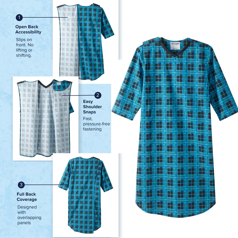 Silverts Men's Adaptive Open Back Flannel Gown, Assisted Dressing Nightgown | For elderly, nursing home & recovery wear, snap shoulders, warm cotton flannel Small Plaid Shirting